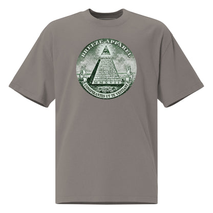 Gray t-shirt with graphic resembling pyramid on US one-dollar bill.