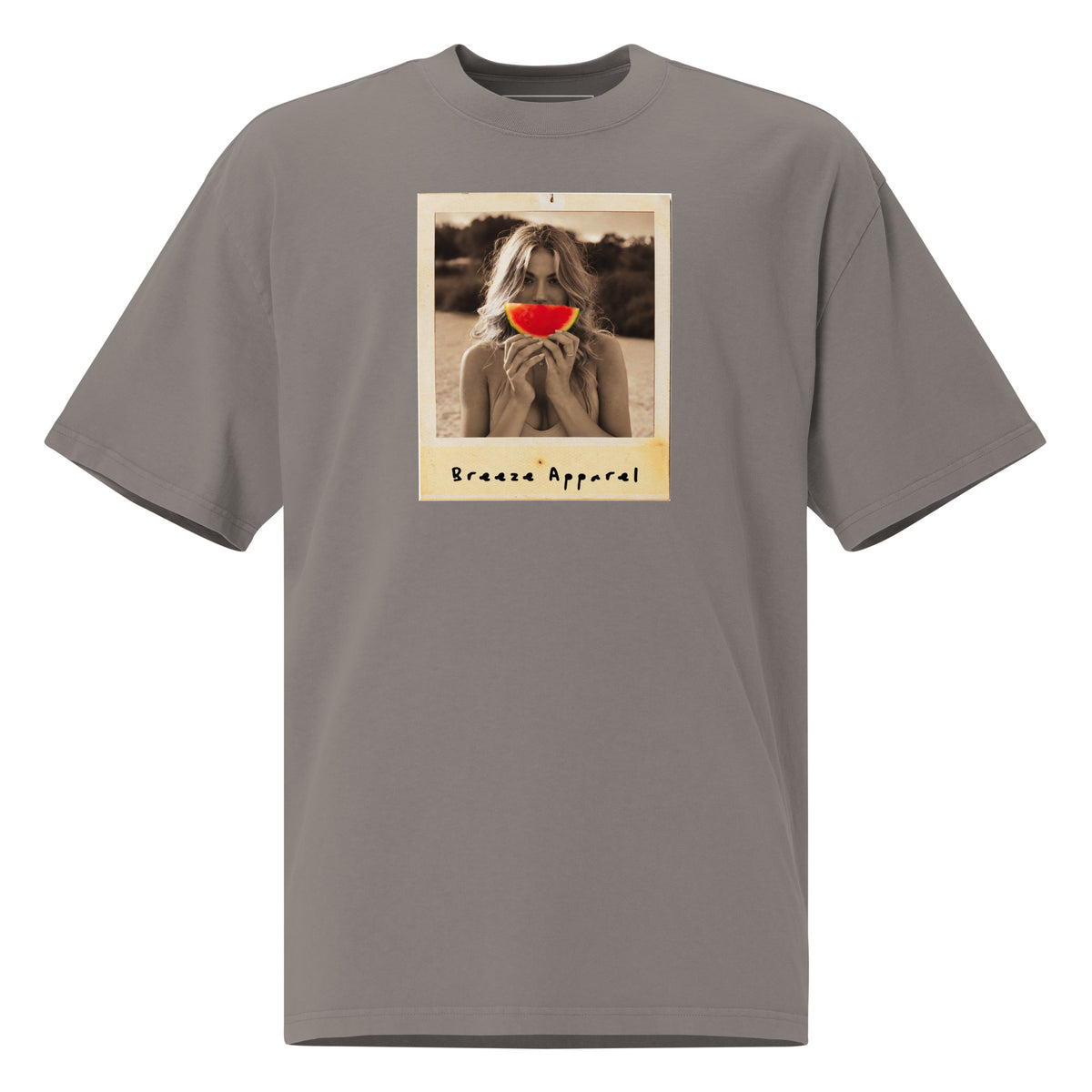Gray t-shirt with graphic of woman holding watermelon slice in front of her mouth.