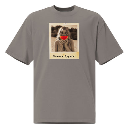 Gray t-shirt with graphic of woman holding watermelon slice in front of her mouth.