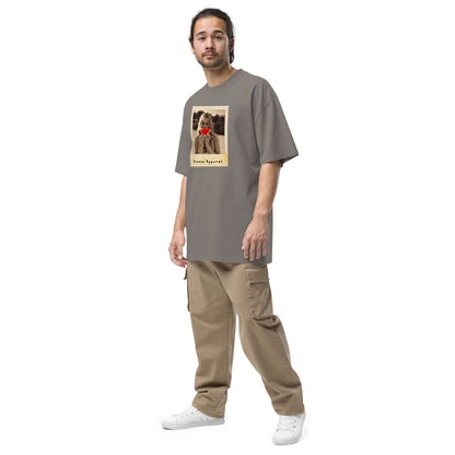 Man wearing gray t-shirt with graphic of woman holding watermelon slice in front of her mouth.