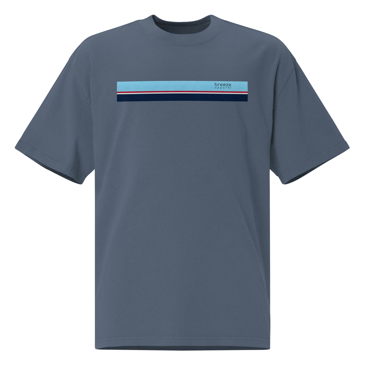 Blue t-shirt with stripe across chest.