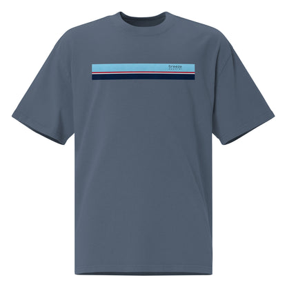 Blue t-shirt with stripe across chest.