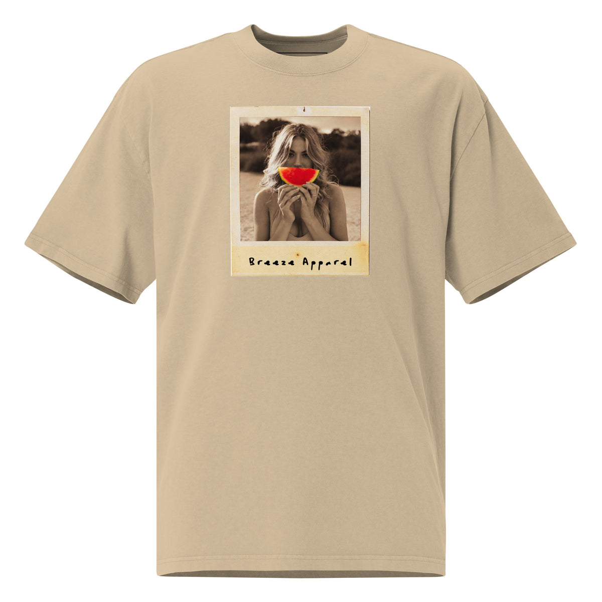 Tan t-shirt with graphic of woman holding watermelon slice in front of her mouth.