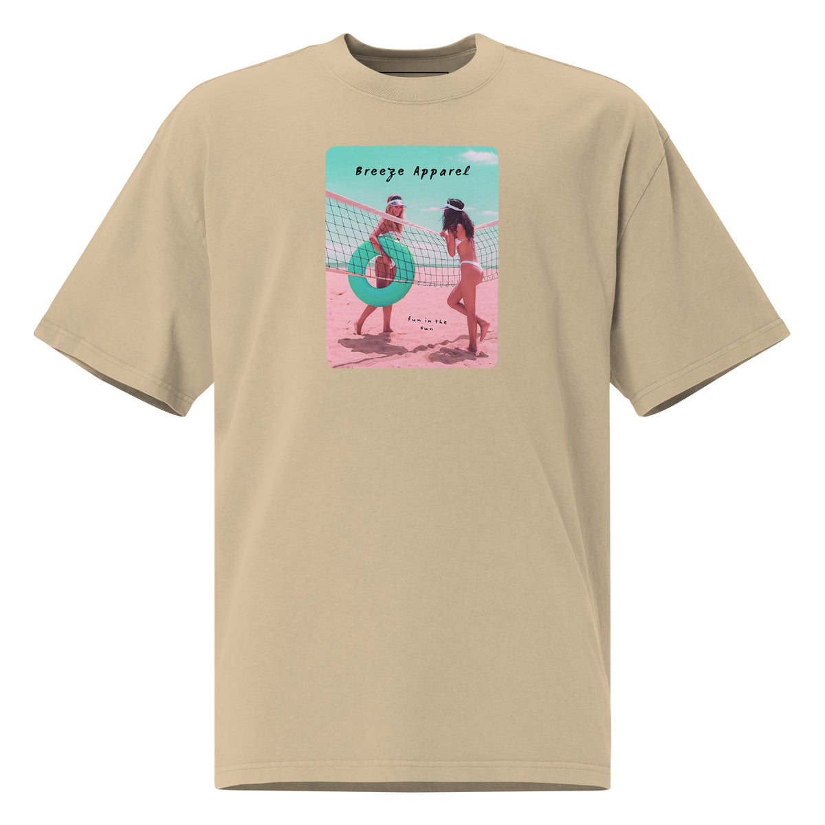 Tan t-shirt with graphic of two women on the beach.