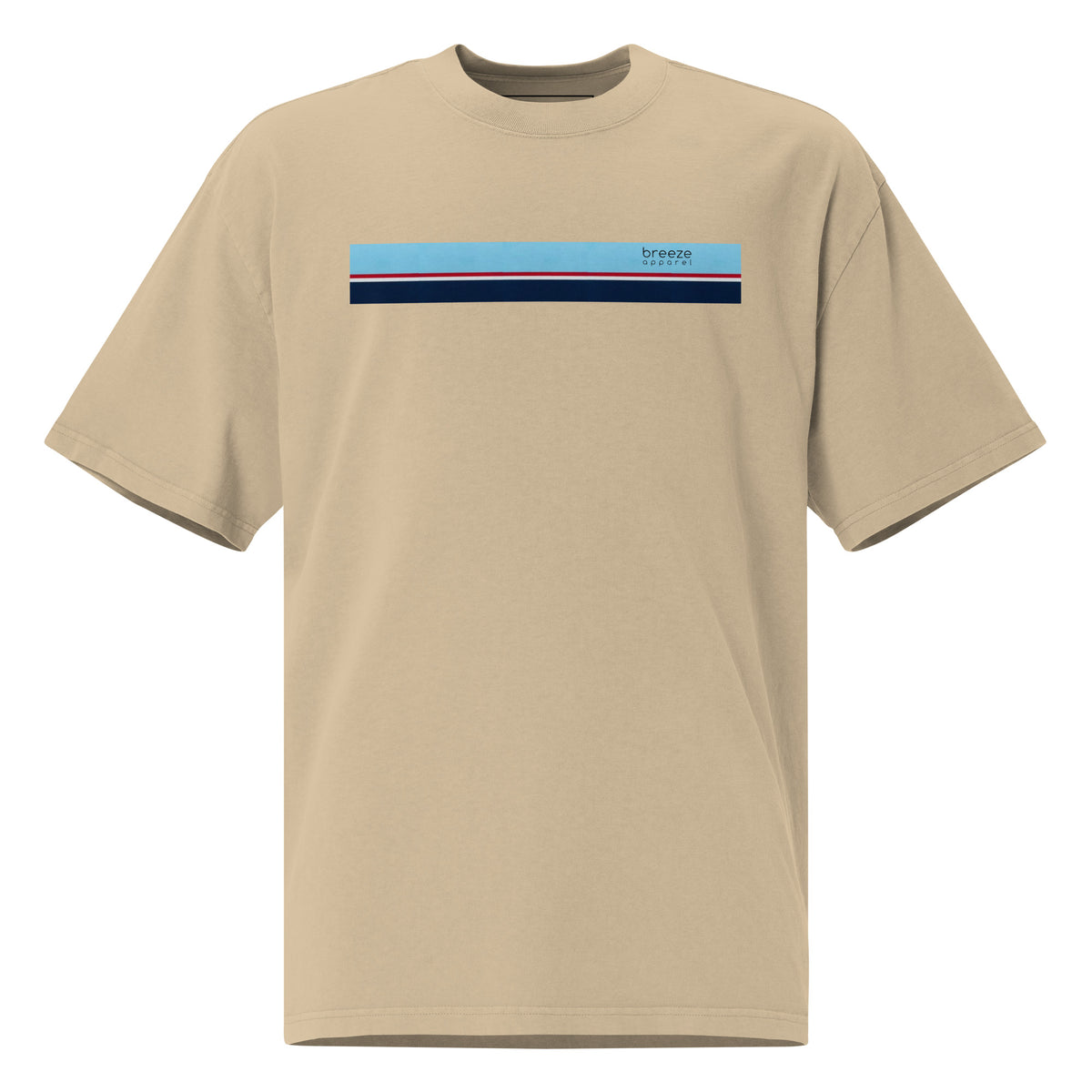 Tan t-shirt with stripe across chest.