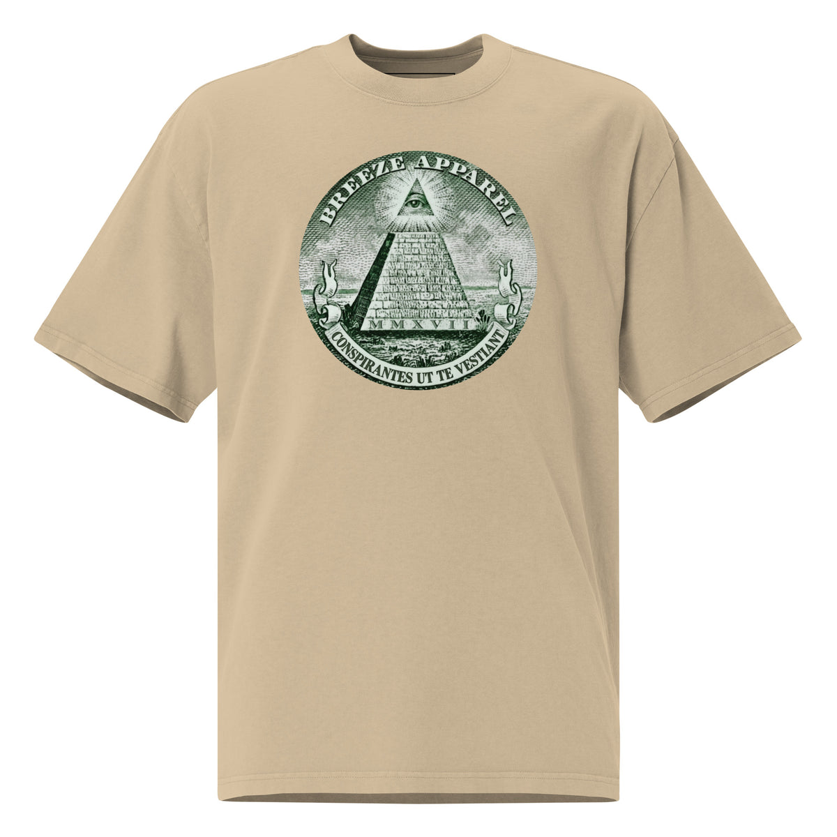 Beige t-shirt with graphic resembling pyramid on US one-dollar bill.