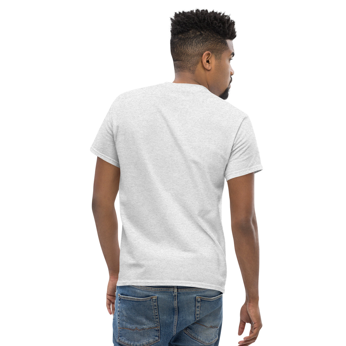 Rear view of man wearing ash-gray t-shirt