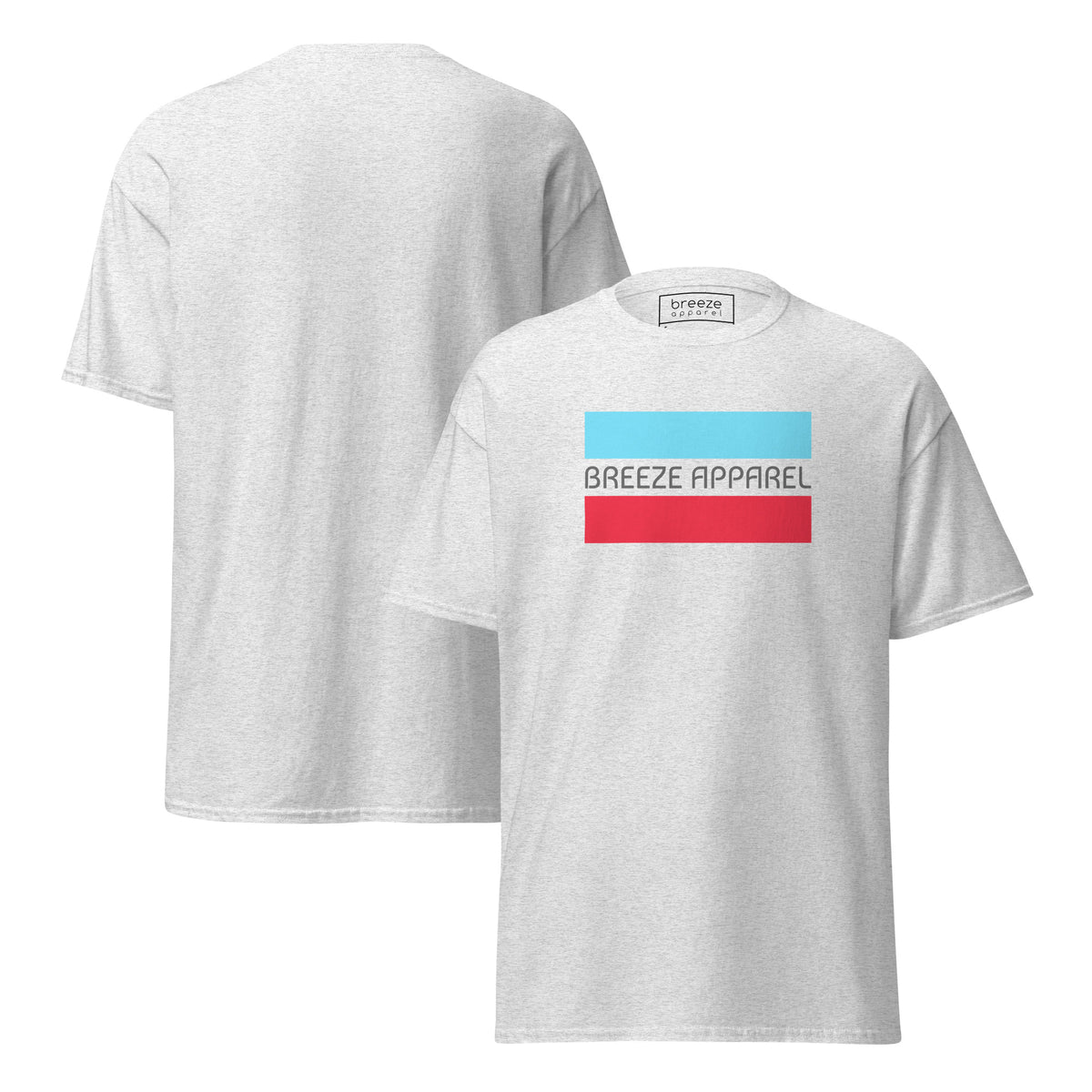 Ash-gray t-shirt with gray 'Breeze Apparel' logo between horizontal bars, the top being light blue and the bottom being red. Plain backside also shown.