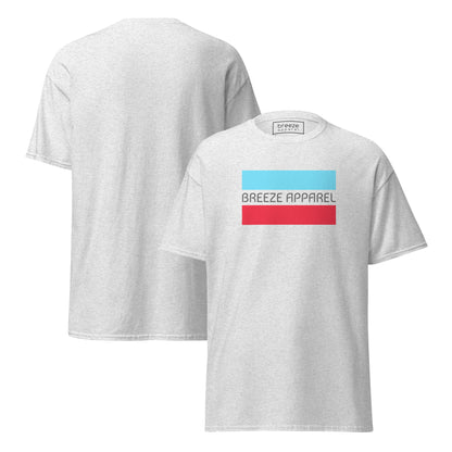 Ash-gray t-shirt with gray 'Breeze Apparel' logo between horizontal bars, the top being light blue and the bottom being red. Plain backside also shown.