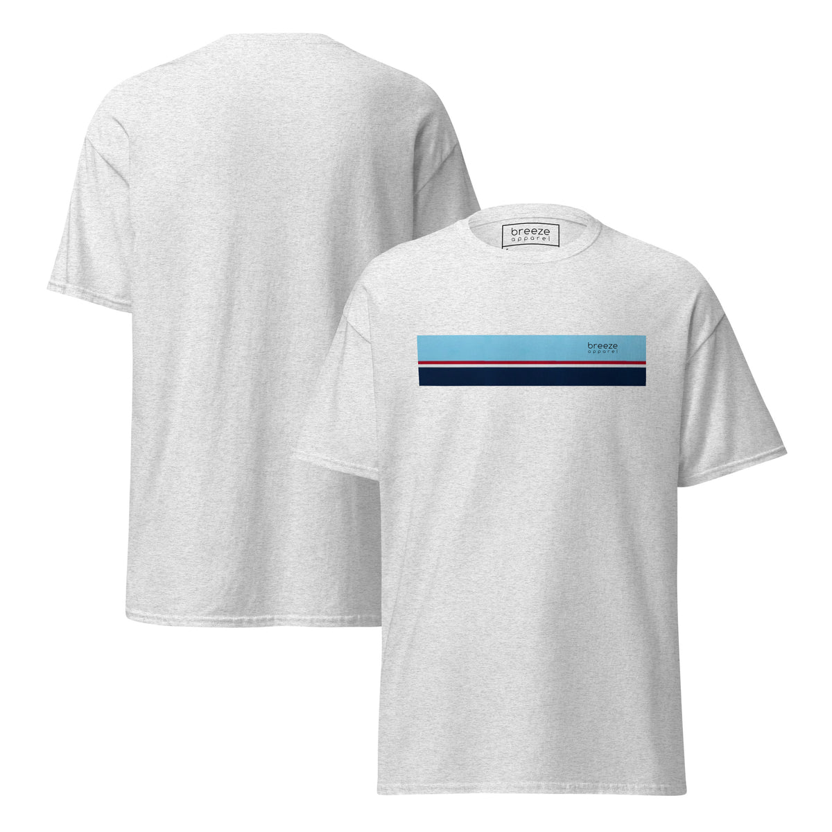 Ash-gray t-shirt with horizontal blue, red, white, and navy stripe with small black 'breeze apparel' logo. Plain backside also shown.