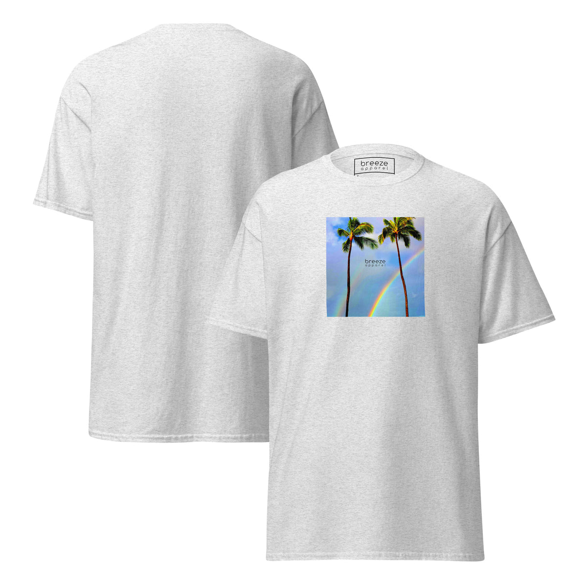 Ash-gray t-shirt with a graphic of palm trees, rainbow, and a clear blue sky in the background. A small, black 'breeze apparel' logo is between the trees. Plain backside also shown.