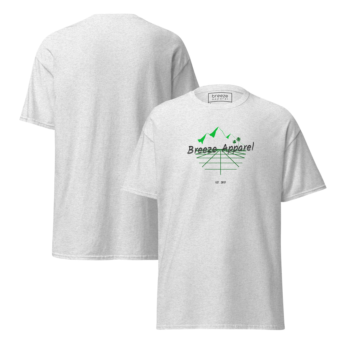 Ash-gray t-shirt with 'Breeze Apparel' logo set on a graphic of a grid, palm trees, and mountains. Plain backside also shown.
