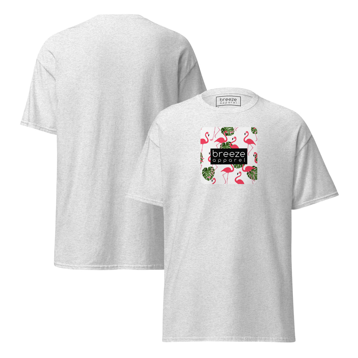 Light-gray t-shirt with pattern of flamingos inside of a square, overlaid with a black box with 'breeze apparel' in white inside. Plain backside also shown. 