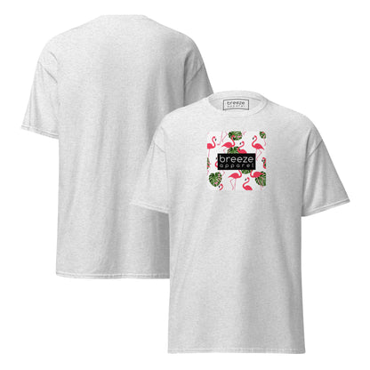 Light-gray t-shirt with pattern of flamingos inside of a square, overlaid with a black box with 'breeze apparel' in white inside. Plain backside also shown. 