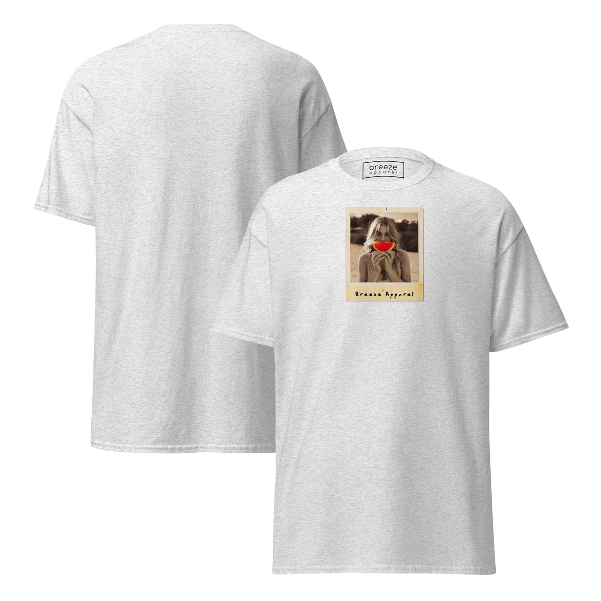Light-gray t-shirt with graphic of woman holding a watermelon slice in front of her mouth. Plain back of shirt is also shown.