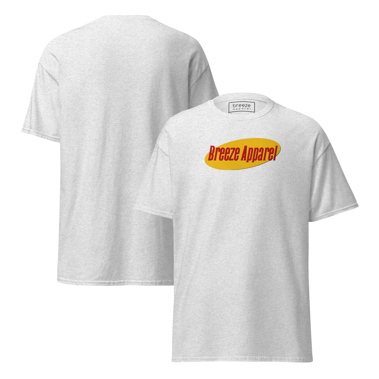 White t-shirt with graphic of 'Breeze Apparel' in red lettering over a yellow oval. Plain back also shown.