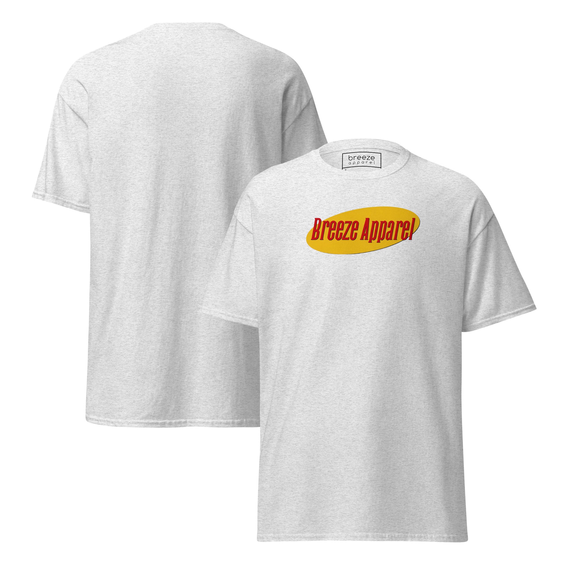 White t-shirt with graphic of 'Breeze Apparel' in red lettering over a yellow oval. Plain back also shown.