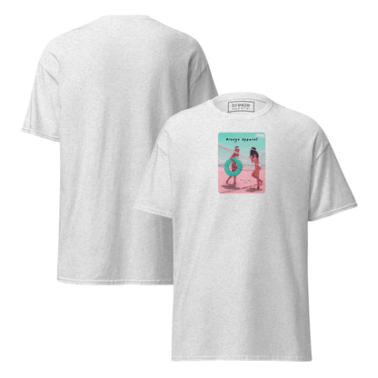 White t-shirt with graphic of two women on beach. Plain back also shown.