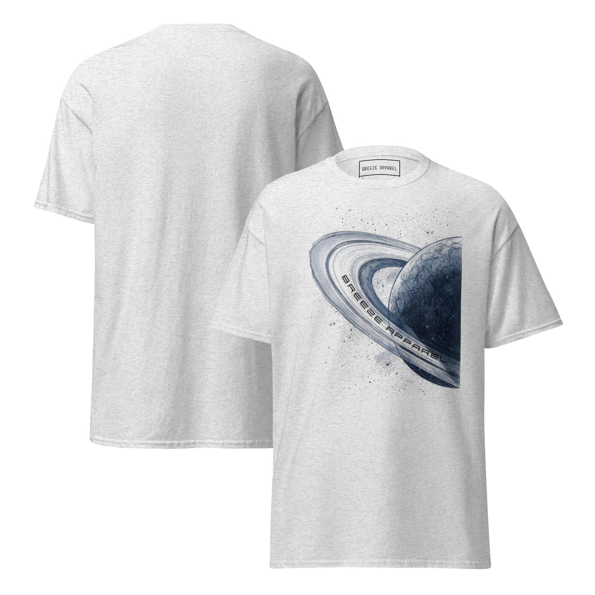 Light-gray t-shirt with graphic of blue planet. Plain back also shown.