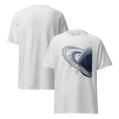 Light-gray t-shirt with graphic of blue planet. Plain back also shown.