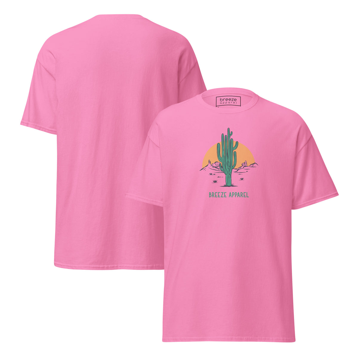 Azalea-pink t-shirt with a graphic of a cactus and sunset, with 'Breeze Apparel' written in green below. Plain backside also shown.