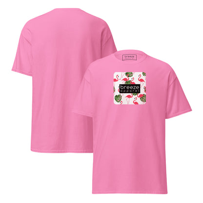 Pink t-shirt with pattern of flamingos inside of a square, overlaid with a black box with 'breeze apparel' in white inside. Plain backside also shown.