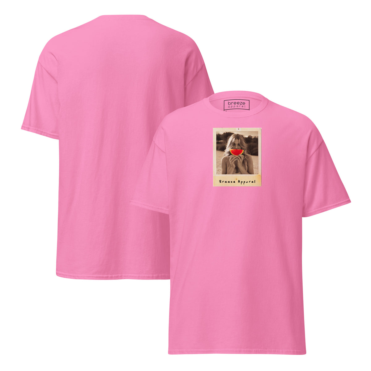 Pink t-shirt with graphic of woman holding a watermelon slice in front of her mouth. Plain back of shirt is also shown.