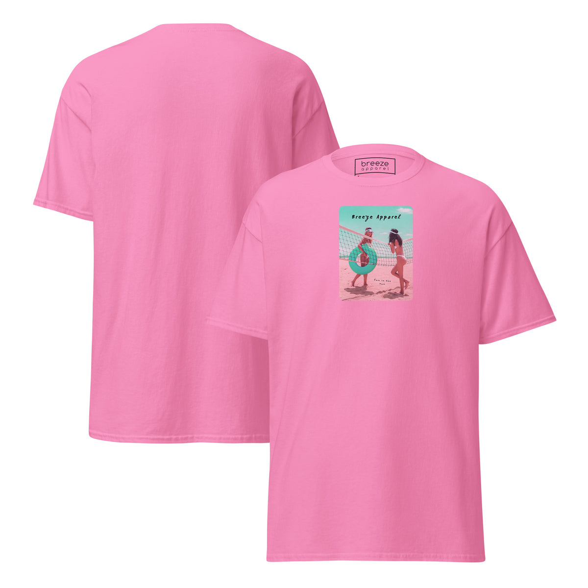 Pink t-shirt with graphic of two women on beach. Plain back also shown.