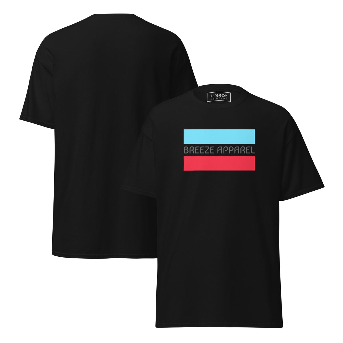 Black t-shirt with gray 'Breeze Apparel' logo between horizontal bars, the top being light blue and the bottom being red. Plain backside also shown.