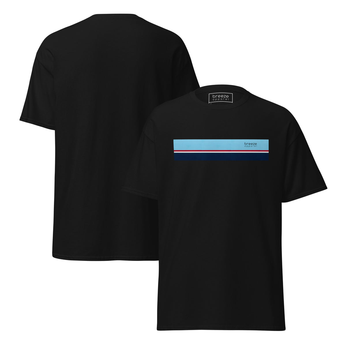Black t-shirt with horizontal blue, red, white, and navy stripe with small black 'breeze apparel' logo. Plain backside also shown.