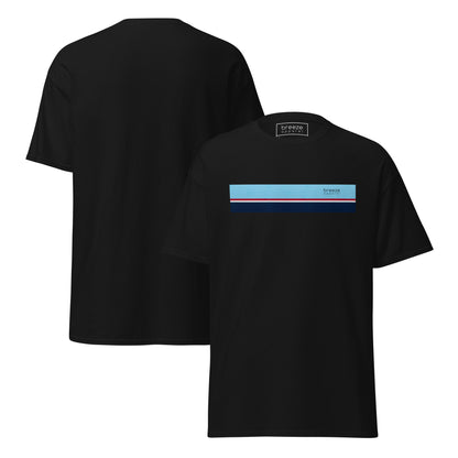 Black t-shirt with horizontal blue, red, white, and navy stripe with small black 'breeze apparel' logo. Plain backside also shown.