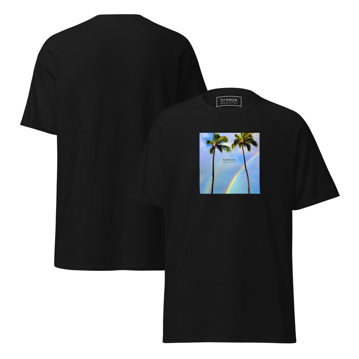 Black t-shirt with a graphic of palm trees, rainbow, and a clear blue sky in the background. A small, black 'breeze apparel' logo is between the trees. Plain backside also shown.