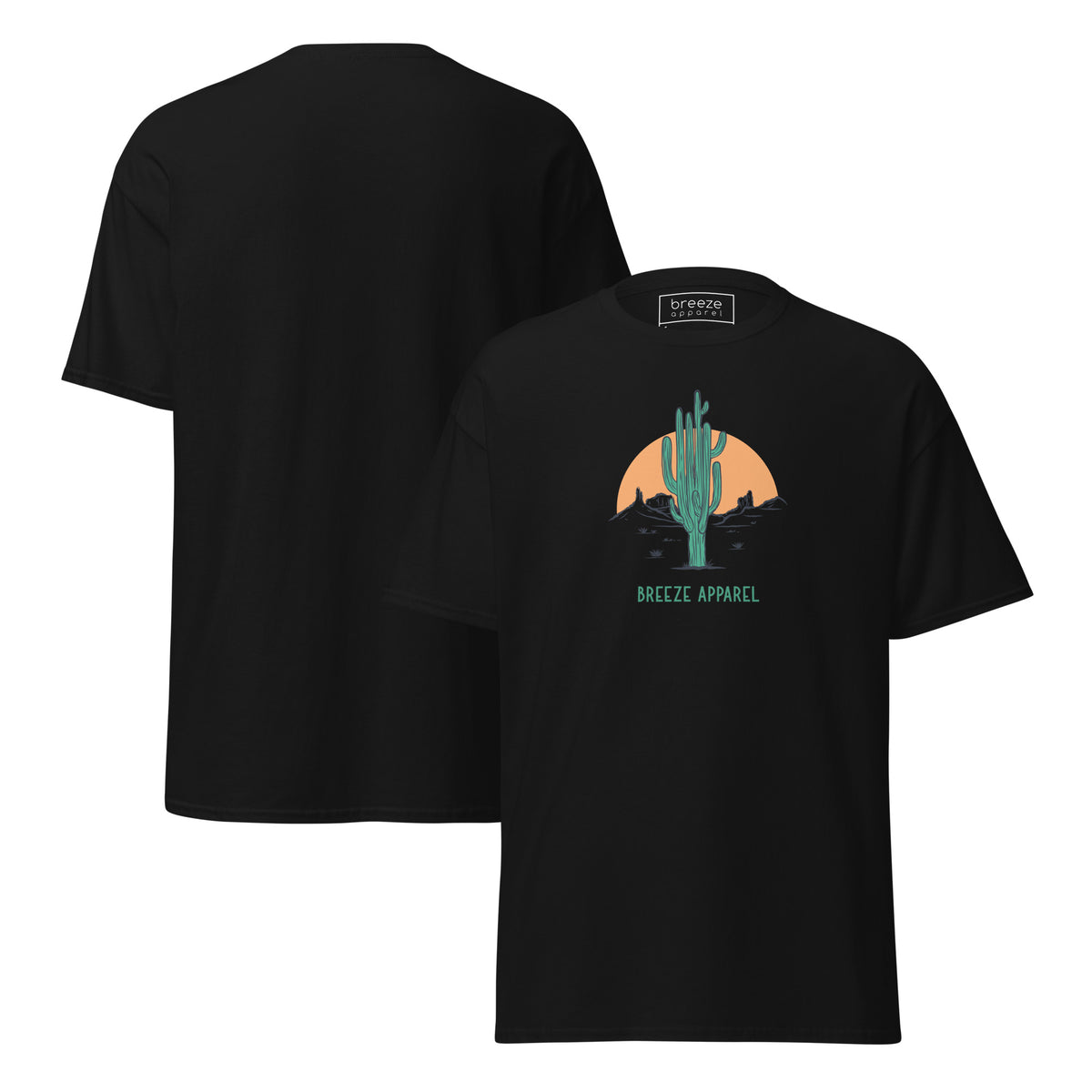Black t-shirt with a graphic of a cactus and sunset, with 'Breeze Apparel' written in green below. Plain backside also shown.