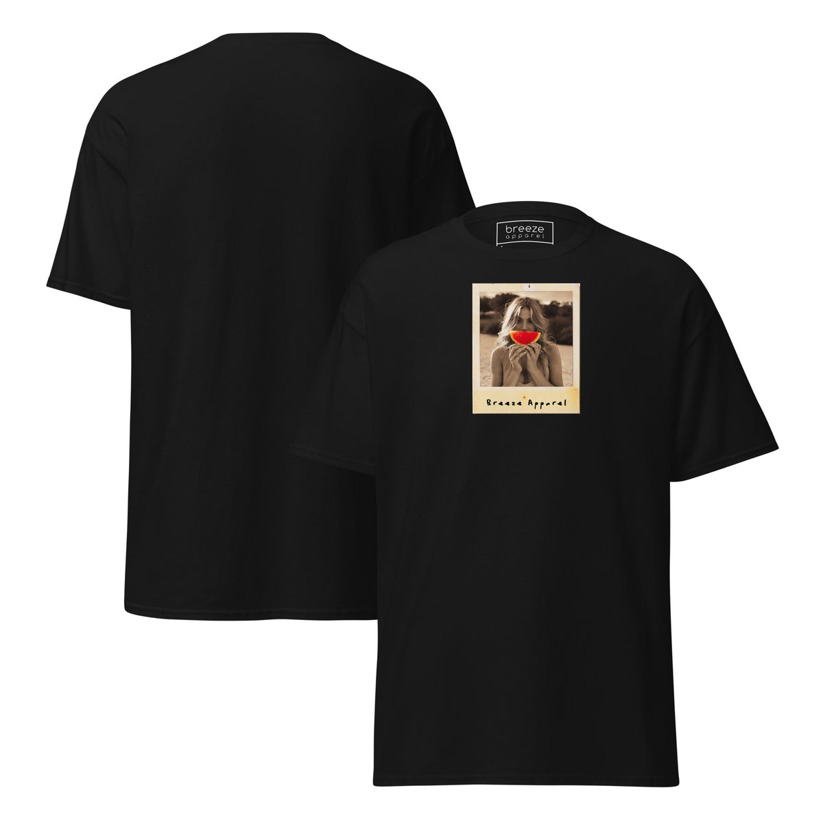 Black t-shirt with graphic of woman holding a watermelon slice in front of her mouth. Plain back of shirt is also shown.