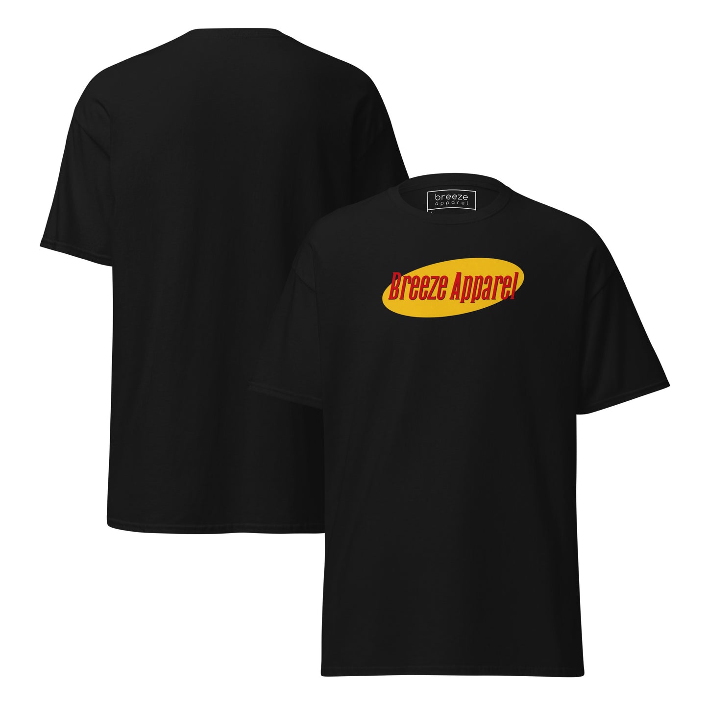 Black t-shirt with graphic of 'Breeze Apparel' in red lettering over a yellow oval. Plain back also shown.
