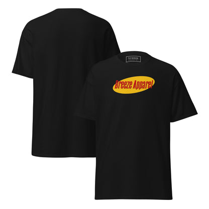 Black t-shirt with graphic of 'Breeze Apparel' in red lettering over a yellow oval. Plain back also shown.