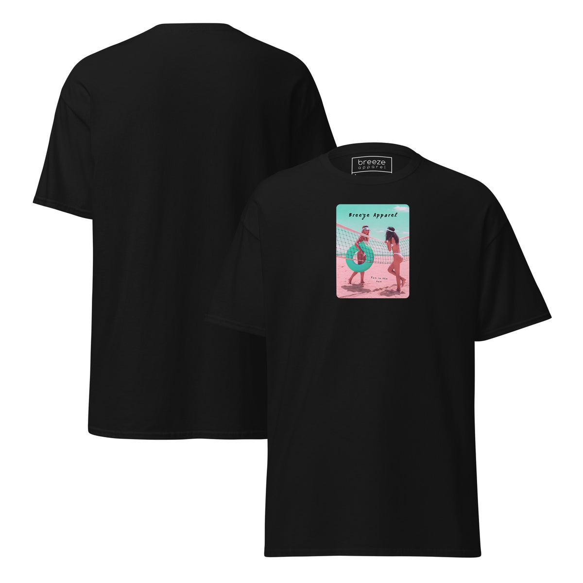 Black t-shirt with graphic of two women on beach. Plain back also shown.