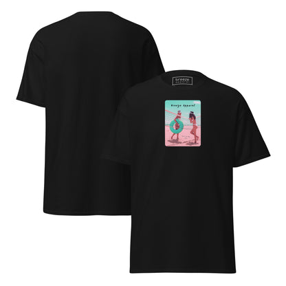 Black t-shirt with graphic of two women on beach. Plain back also shown.
