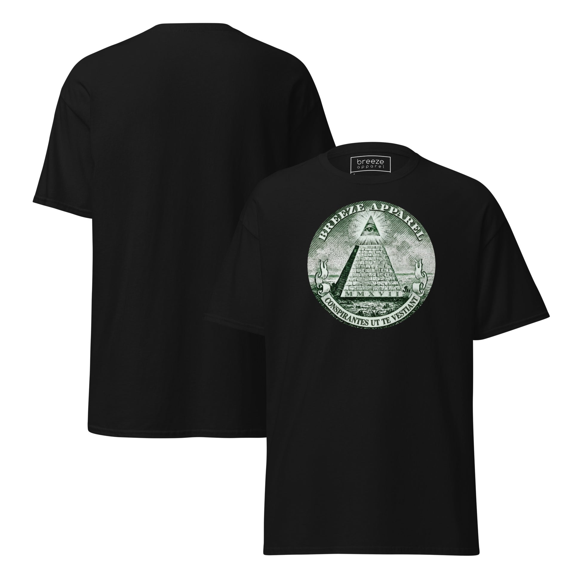 Black t-shirt with graphic resembling pyramid from US one-dollar bill. Plain back of shirt also shown.