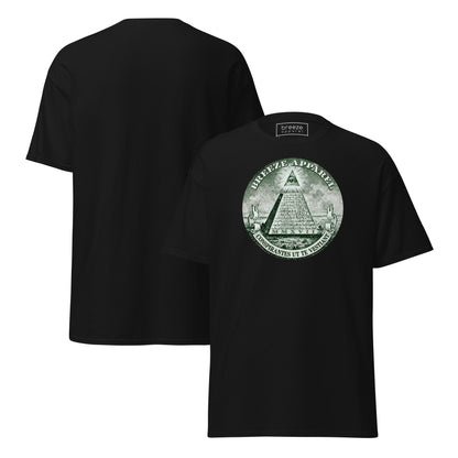 Black t-shirt with graphic resembling pyramid from US one-dollar bill. Plain back of shirt also shown.
