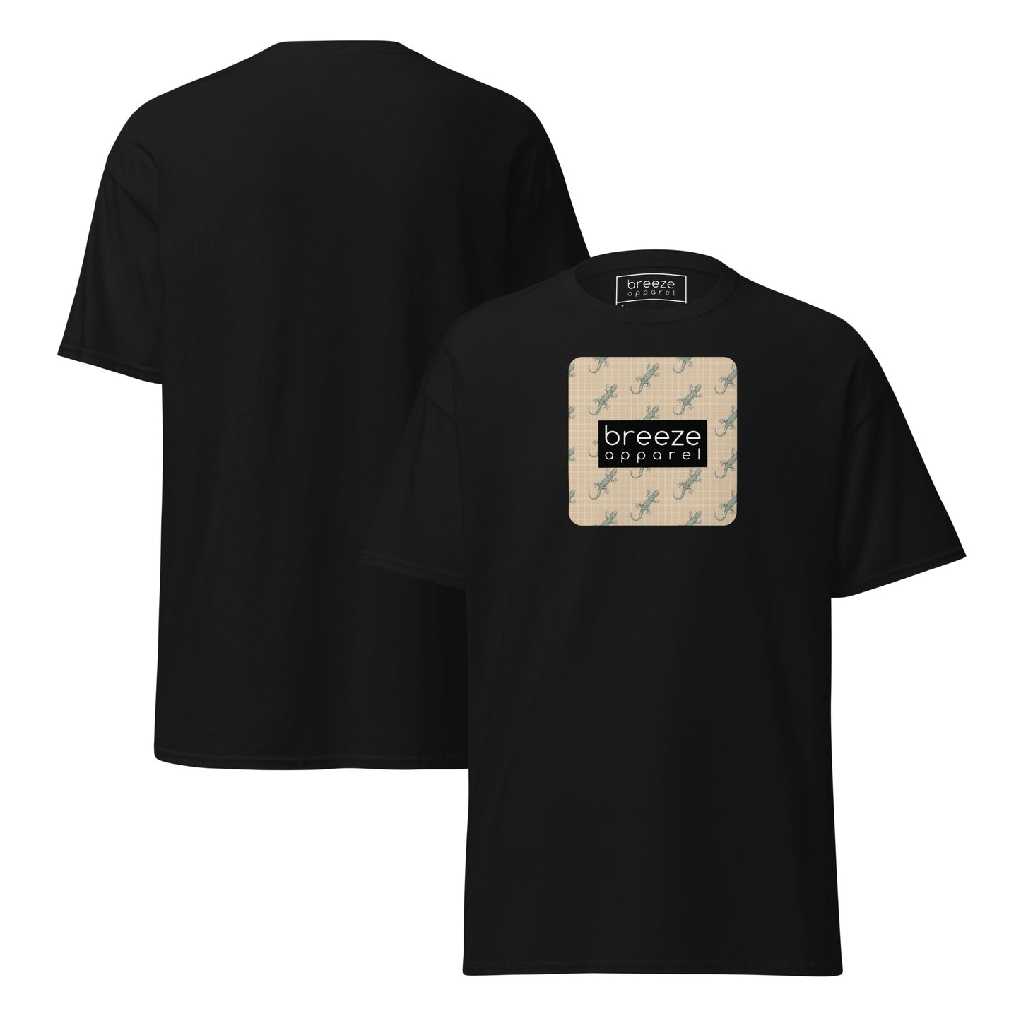Black t-shirt with square over chest that contains pattern of green geckos set on beige background, overlaid with black, rectangular logo with white lettering. Plain backside also shown.