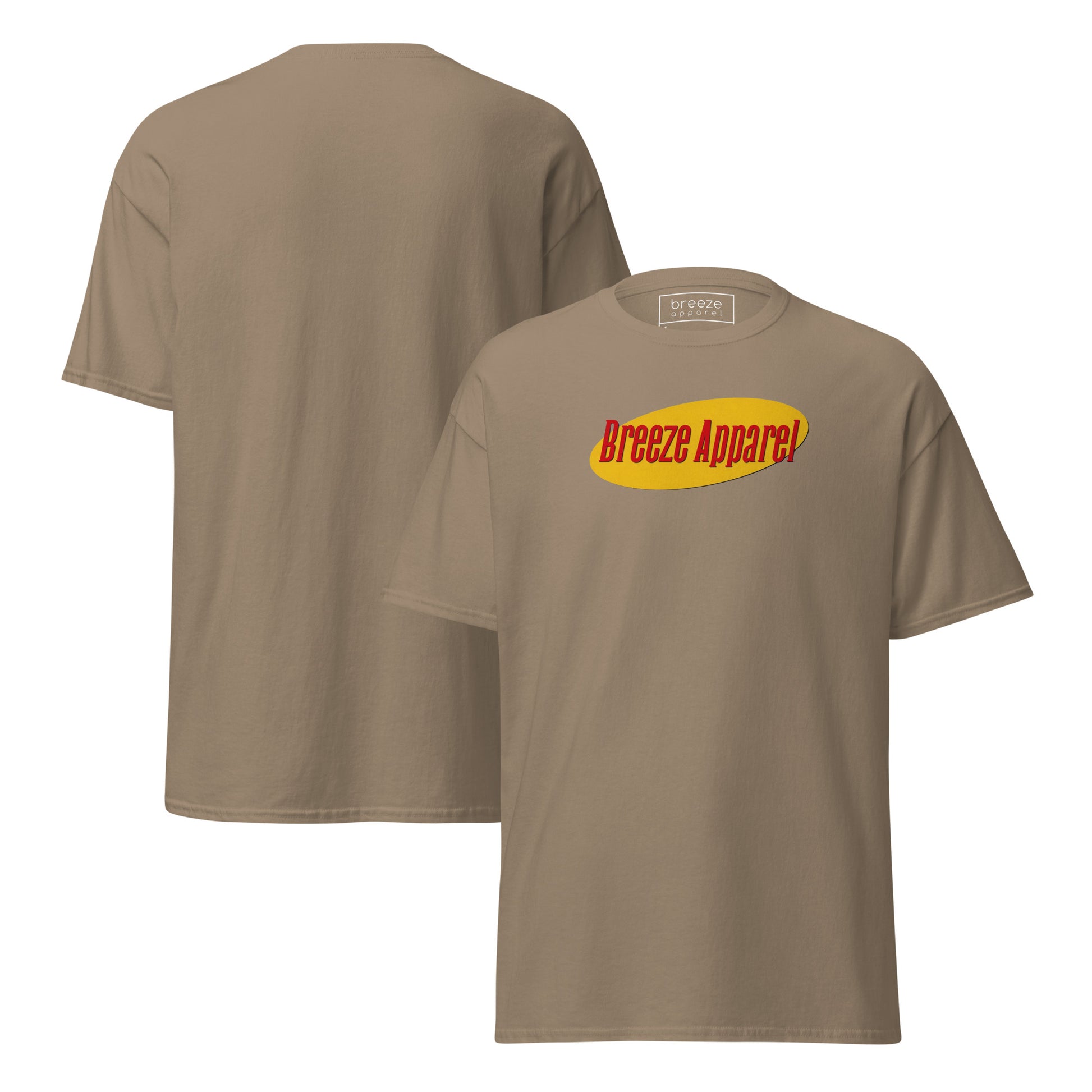 Brown t-shirt with graphic of 'Breeze Apparel' in red lettering over a yellow oval. Plain back also shown.