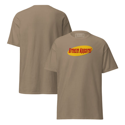 Brown t-shirt with graphic of 'Breeze Apparel' in red lettering over a yellow oval. Plain back also shown.