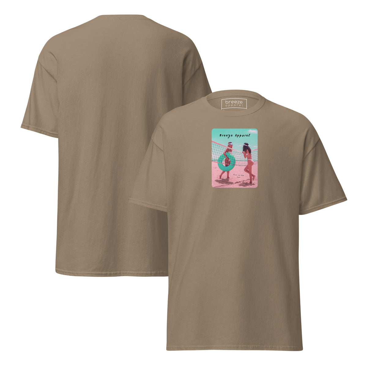 Brown t-shirt with graphic of two women on beach. Plain back also shown.