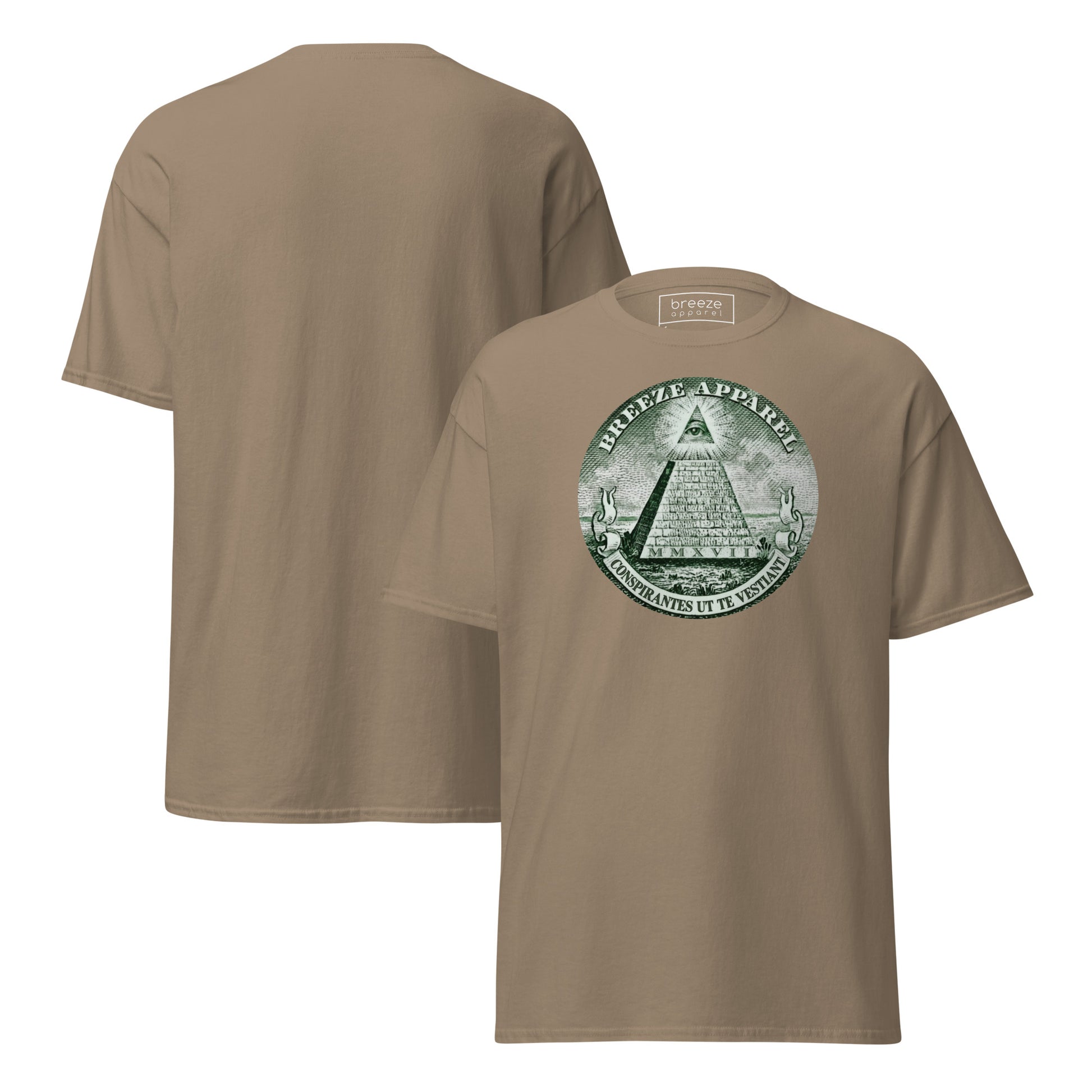 Brown t-shirt with graphic resembling pyramid from US one-dollar bill. Plain back of shirt also shown.