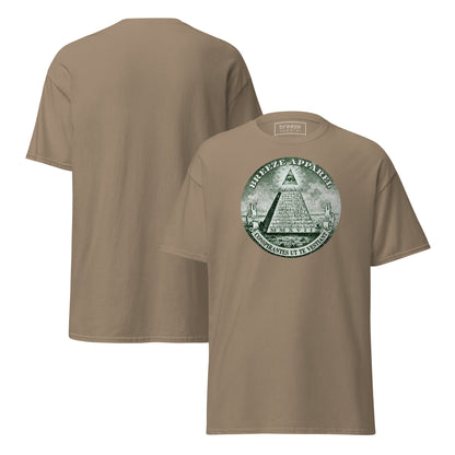 Brown t-shirt with graphic resembling pyramid from US one-dollar bill. Plain back of shirt also shown.