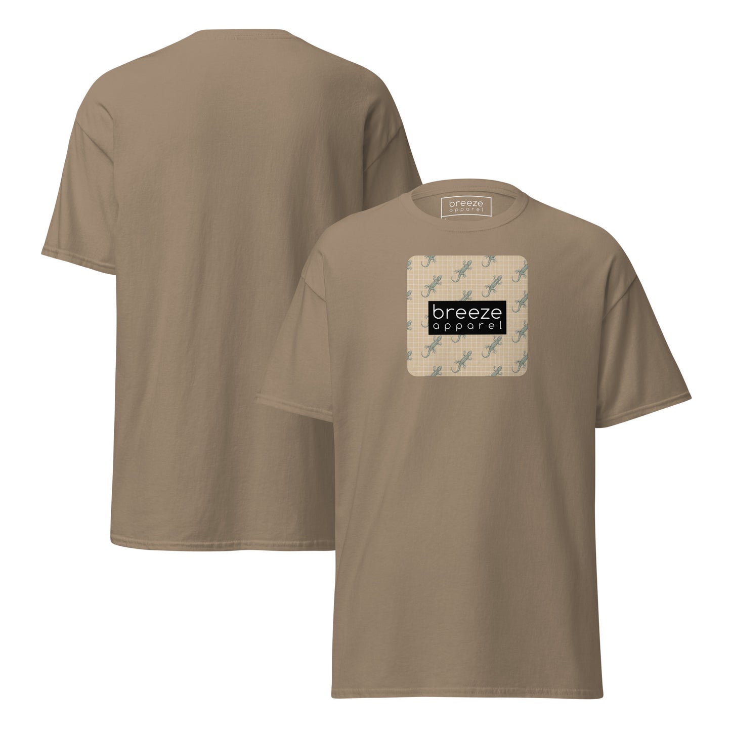 Brown t-shirt with square over chest that contains pattern of green geckos set on beige background, overlaid with black, rectangular logo with white lettering. Plain backside also shown.
