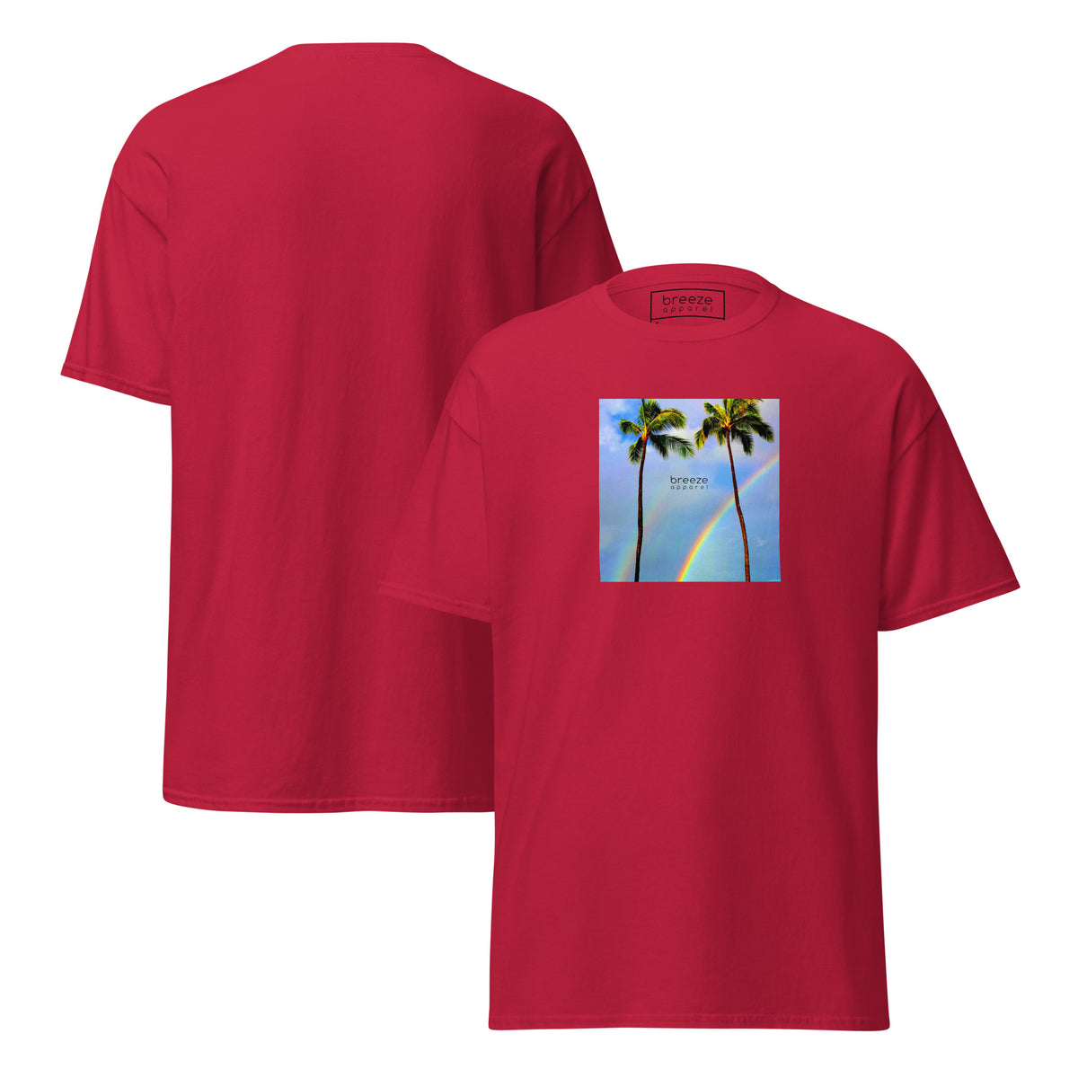 Red t-shirt with a graphic of palm trees, rainbow, and a clear blue sky in the background. A small, black 'breeze apparel' logo is between the trees. Plain backside also shown.