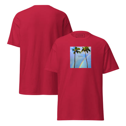 Red t-shirt with a graphic of palm trees, rainbow, and a clear blue sky in the background. A small, black 'breeze apparel' logo is between the trees. Plain backside also shown.
