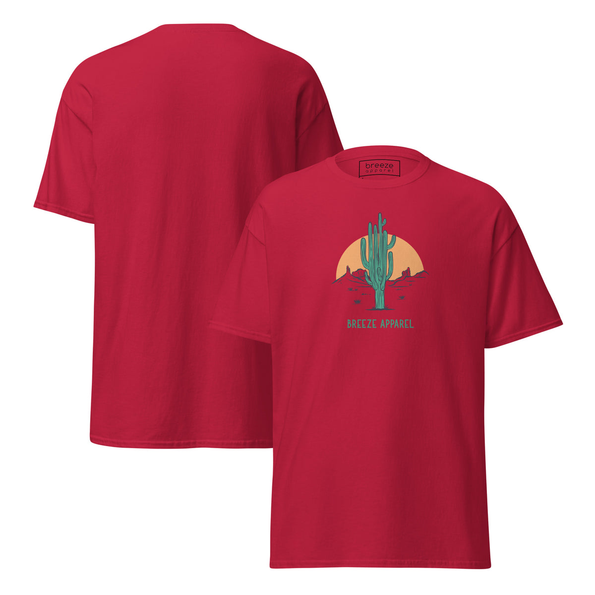 Cardinal-red t-shirt with a graphic of a cactus and sunset, with 'Breeze Apparel' written in green below. Plain backside also shown.